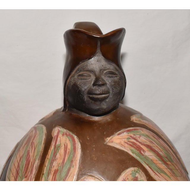 Large Vintage 1997 Folk Art Pottery Chulucanas Peru Round Woman Terracotta Handmade Vessel by Flavio Sosa For Sale In Dallas - Image 6 of 11