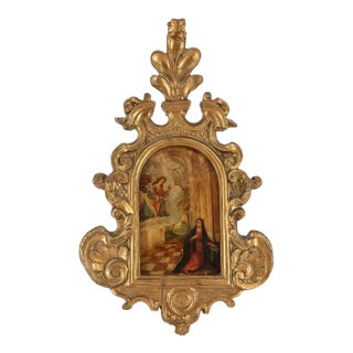 17th Century Annunciation Painting in Elaborate Giltwood Baroque Frame For Sale