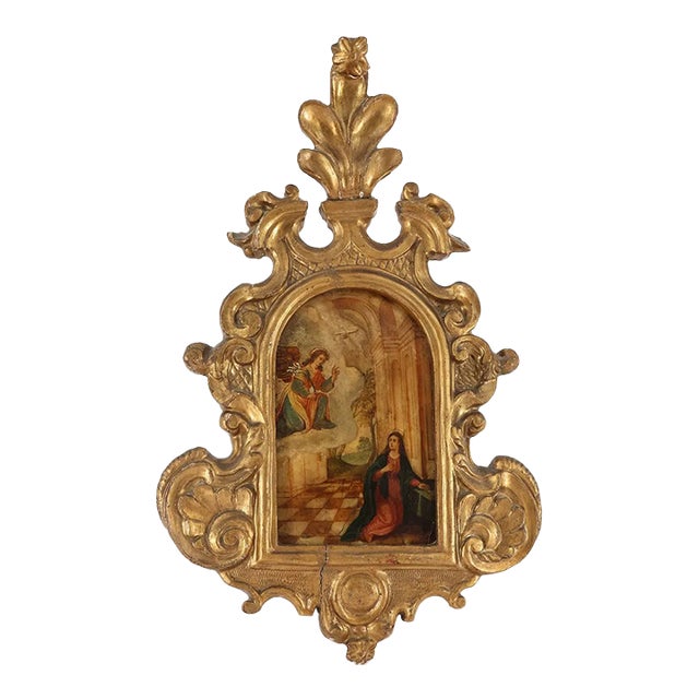 17th Century Annunciation Painting in Elaborate Giltwood Baroque Frame For Sale