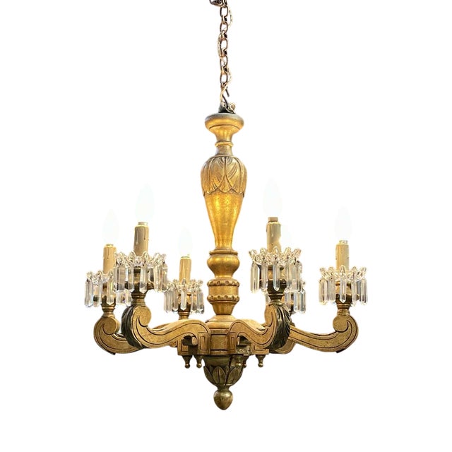 19th Century Gilded Wood Chandelier with Crystal Drops For Sale