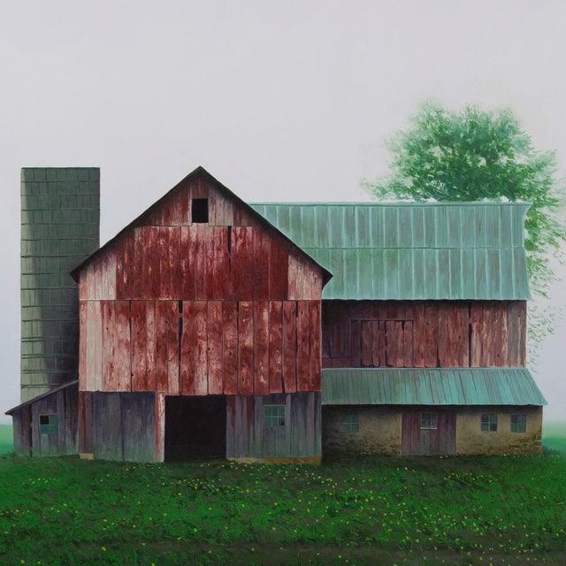 Spring Morning by Michael Miller | Oil on Panel of a red barn in a green field with trees For Sale - Image 4 of 5