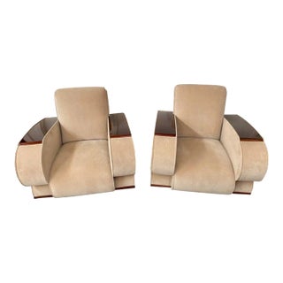 French Art Deco Club or Lounge Chair in Beige Velvet Upholstery, a Pair For Sale