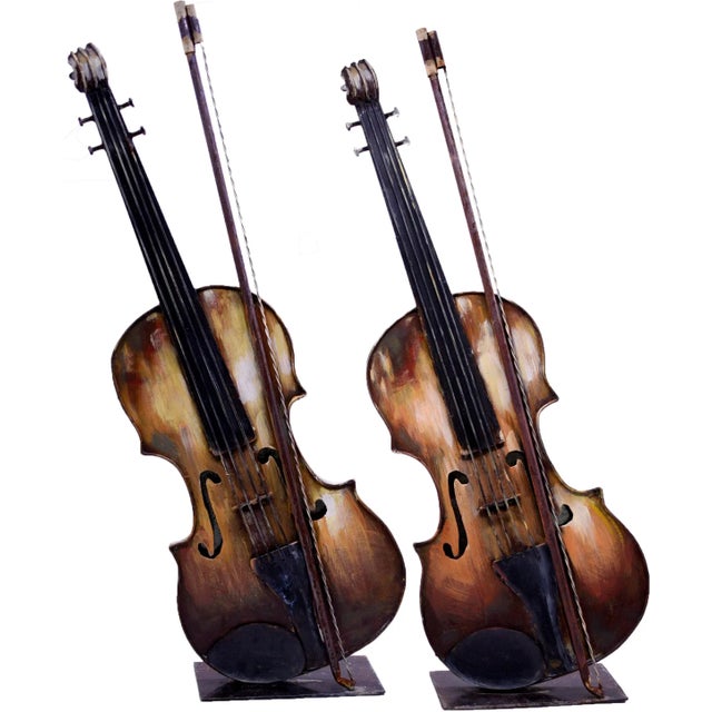 Vintage Decorative Ornamental Metal Sculpture Violin With Bow - a Pair For Sale - Image 9 of 9