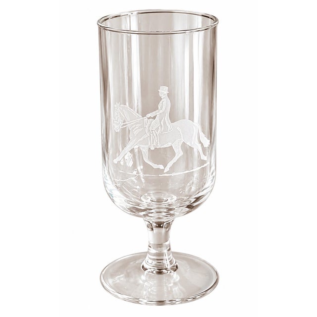 A handsome set of eight vintage French stemmed glasses, each featuring an elegant frosted horse-and-rider motif and marked...