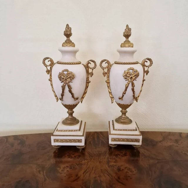 Louis XVI Style White Marble and Gilt Bronze Vases, 19th Century, Set of 2 For Sale - Image 3 of 6