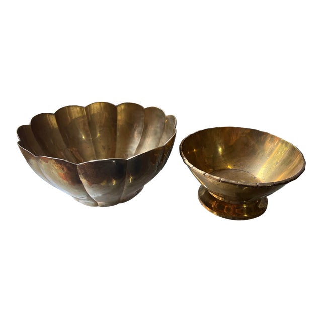 1970s Brass Bamboo Bowl and Lotus Scalloped Bowl Set For Sale
