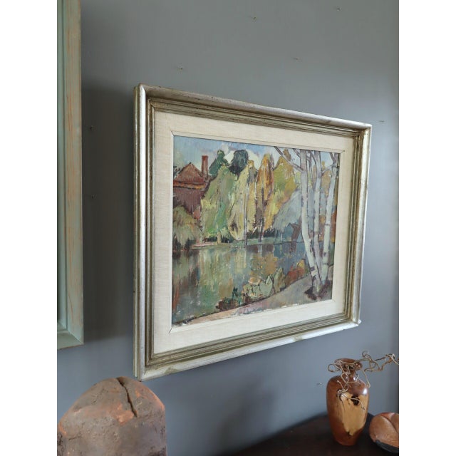 Mid-Century Modern 'Autumn Reflections' Vintage Original Swedish Expressive Landscape Oil Painting, Framed For Sale - Image 4 of 11