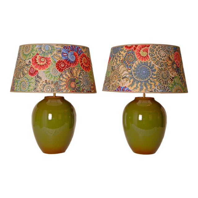 Vintage Table Lamps French Ceramic Vase Lamps Green Colorful Ammonite Lampshade a Pair For Sale