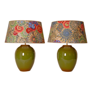Vintage Table Lamps French Ceramic Vase Lamps Green Colorful Ammonite Lampshade a Pair