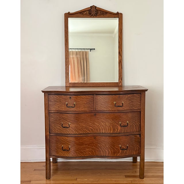 Antique Tiger Oak Serpentine Chest of Drawers With Mirror For Sale - Image 11 of 11