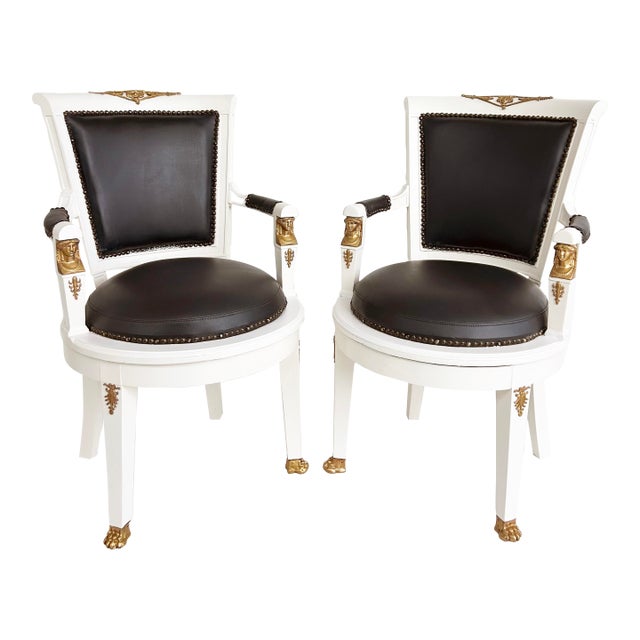 1850s French Empire Armchairs, Fine Gilt Bronze Mounts, Painted and Upholstered For Sale