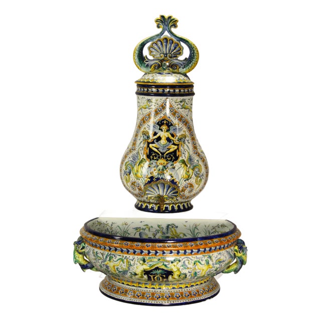 1867 Gien Faience Lavabo Wall Fountain & Basin, Neo-Classical Renaissance For Sale