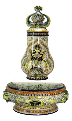 1867 Gien Faience Lavabo Wall Fountain & Basin, Neo-Classical Renaissance