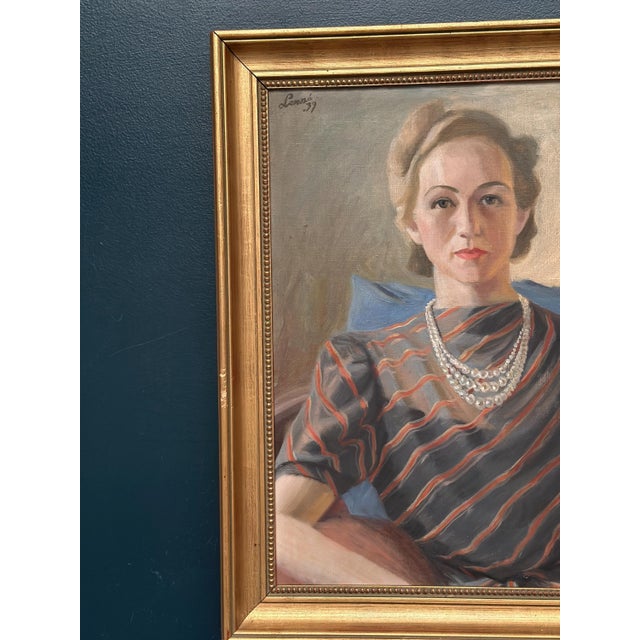 Mid-Century Modern Lenné, Portrait of Lady, 1939, Oil Painting on Canvas, Framed For Sale - Image 3 of 14