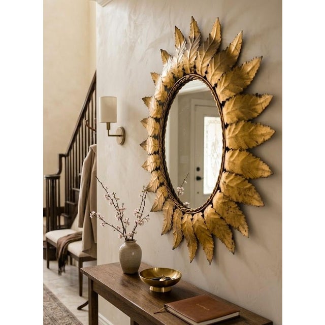 Gold Vintage 1960s Spanish Sun Mirror in Gilded Metal For Sale - Image 8 of 11