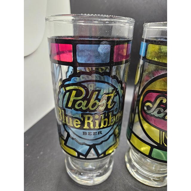 Anchor Hocking Set of Four, Vintage Anchor Hocking Stained Glass Bar Glasses Miller Falstaff Pabst Schaefer, 1970 For Sale - Image 4 of 4