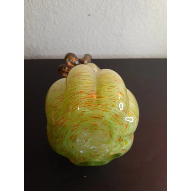 Thus is 1980s Green Blown Art Glass 8" Pumpkin Figurine. Procured at an auction BOX 3