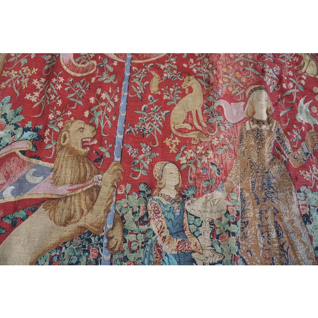Late 19th Century 1875s Antique Red Tapestry Scene Pictorial Medieval Romance European Flat Weave For Sale - Image 5 of 13