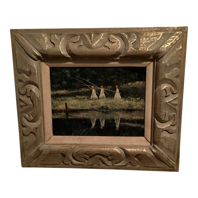 Original Oil Painting, Landscape With 3 Sisters Fishing, Signed by Artist “G.Wodzik” in Red. For Sale