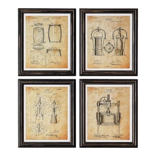 Set of 4 Vintage-Style Wine Patent Reproduction Prints in Dark Wood Frames – Industrial Bar Decor For Sale