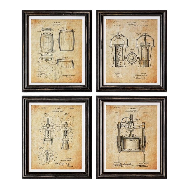 Set of 4 Vintage-Style Wine Patent Reproduction Prints in Dark Wood Frames – Industrial Bar Decor For Sale