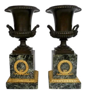 French Empire Bronze and Marble Urns - A Pair