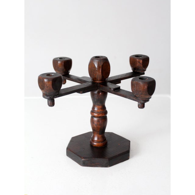 Brown Vintage Spanish Revival Wood Candelabra Five Arm Candle Holder For Sale - Image 8 of 12