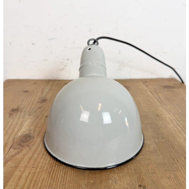 Industrial Grey Enamel Factory Pendant Lamp, 1960s For Sale - Image 15 of 17