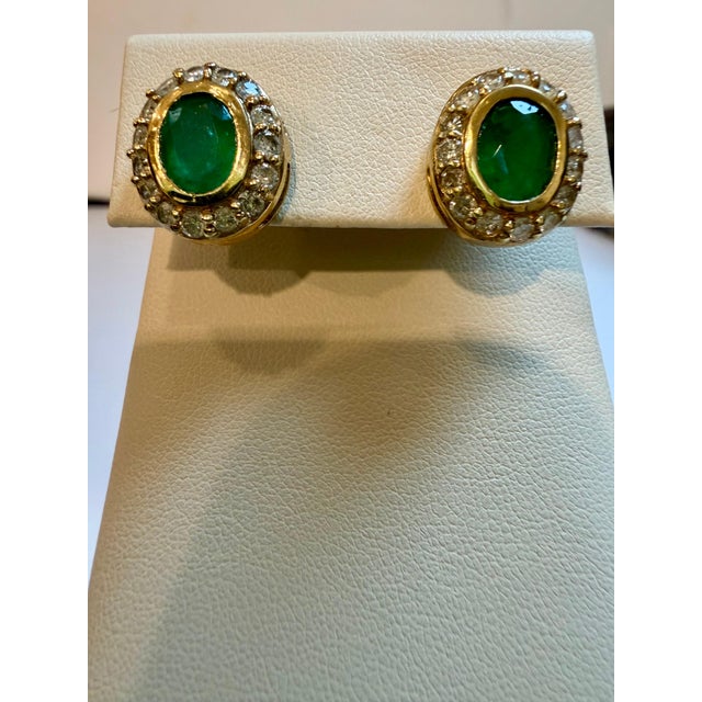 4 Carat Oval Shape Emerald & 1 Ct Diamond Post Back Earrings 14 Kt Yellow Gold For Sale - Image 9 of 18