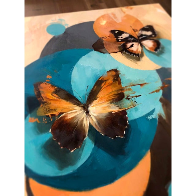 Abstract Kaleidoscope #1 by Lindsey Kustusch | Oil on Wood Panel Abstract composition with butterflies and circles. For Sale - Image 3 of 5