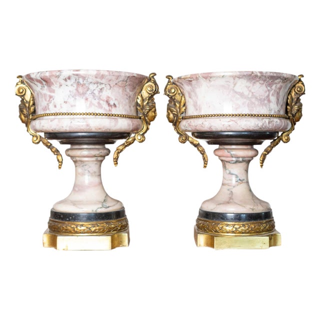 Pair of 19th-Century French Neoclassical Marble and Gilt Bronze Urns For Sale