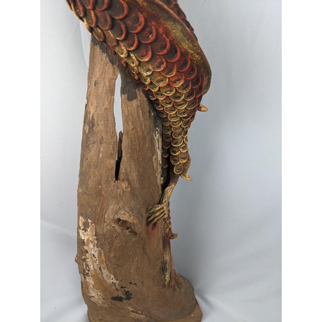 Brown Mid 20th Century Monumental Hand-Carved Asian Dragon Coiled Around Natural Tree Trunk Sculpture With Original Polychrome Finish 40" For Sale - Image 8 of 18