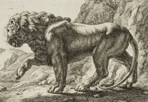 J. Meyer, Pacing Lion, 17th-Century, Etching