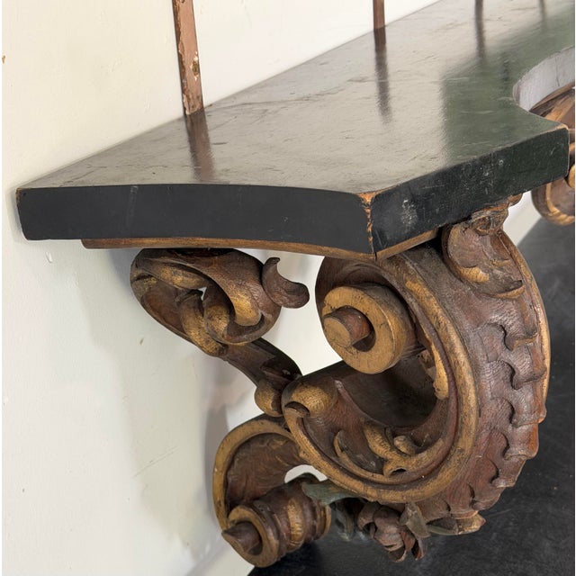 Antique Monumental Baroque Style Giltwood Console Table With Ebonized Top, 74.5” For Sale - Image 4 of 12