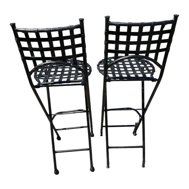 Vintage Folding Metal Bar Stools Pair Black Woven Lattice Basket Weave Indoor/Outdoor Hollywood Regency For Sale - Image 9 of 9