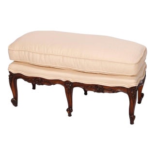19th Century Antique French Louis XIV Style Carved Walnut & Upholstered Ottoman For Sale