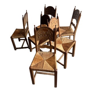 Carved Oak Chairs with Rush Seats, 1950s, Set of 6 For Sale