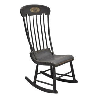 Antique Colonial Stencil Back Black Painted Plank Bottom Rocker Rocking Chair For Sale