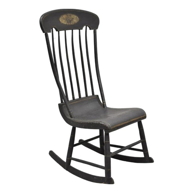 Antique Colonial Stencil Back Black Painted Plank Bottom Rocker Rocking Chair For Sale