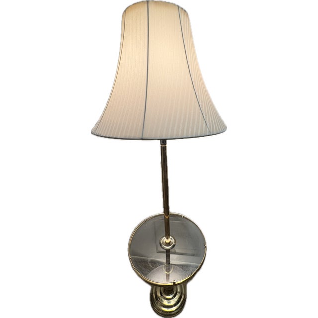 Vintage Stiffel Style Solid Brass Floor Lamp With Integrated Round Glass Side Table For Sale - Image 4 of 16