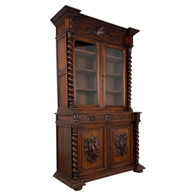 19th Century Antique English Renaissance Revival Oak Bookcase For Sale - Image 6 of 14