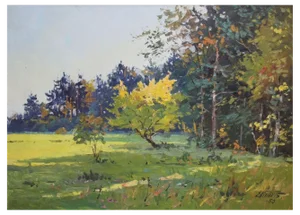Edgars Vinters, Sunny Autumn Forest Edge, 1960s, Oil on Board