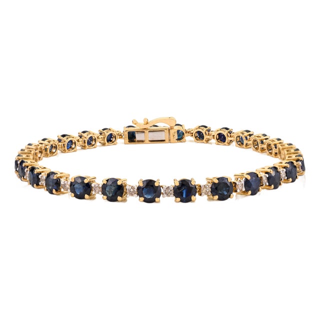1920s Inspired Classic Sapphire Diamond Tennis Bracelet in 14k Gold For Sale