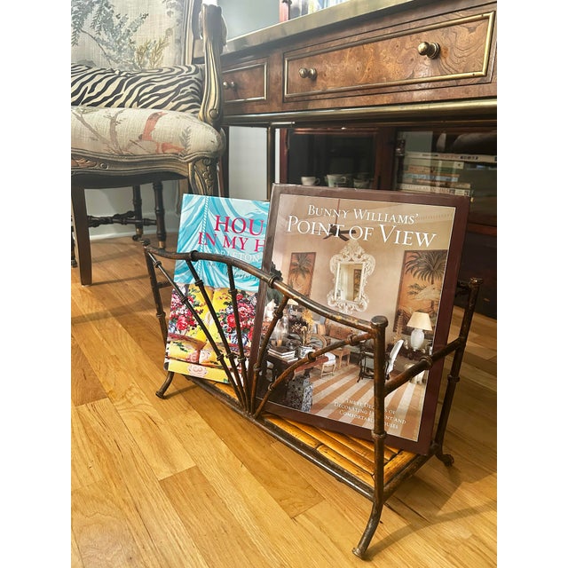 Vintage Faux Tortoise Bamboo Metal & Bamboo Chinoiserie Magazine Rack For Sale - Image 4 of 9