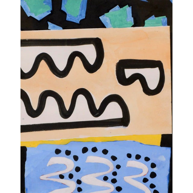 Lively abstract composition with lines and dots over rectangular color fields of peach, yellow, and sky blue by Marc...