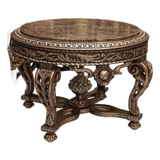 Grand French-Style Center Table – Ornate Bronze Base With Gold Leaf Details & Marble Top For Sale