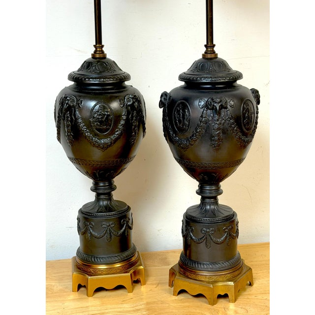 Mid 20th Century Mid 20th Century Warren Kessler Wedgwood Style Black Basalt Neoclassical Urn Lamps - a Pair For Sale - Image 5 of 16