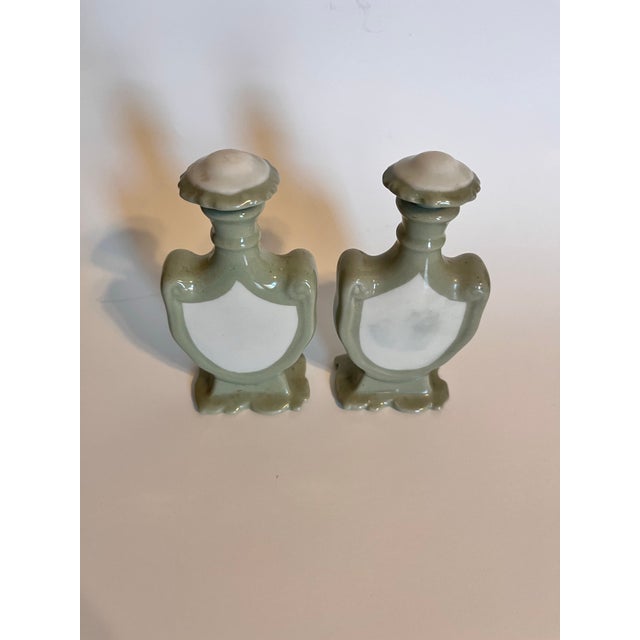 Art Nouveau Pair of Ceramic Perfume Bottles, Pastel Green and White For Sale - Image 3 of 8