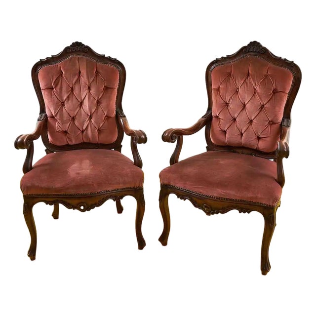 Vintage Wooden and Velvet Armchairs, Set of 2 For Sale