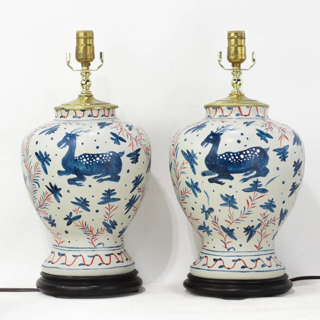 Vintage Brunschwig & Fils Cadiz Table Lamps - Blue and Cream Ceramic With Boar and Deer Motif - a Pair For Sale - Image 14 of 14
